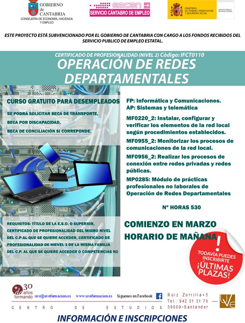 Próximo inicio del curso Operación de Redes Departamentales (IFCT0110) en Santander