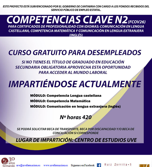 Curso Gratuíto de Competencias Clave N2 para desempleados en Santander